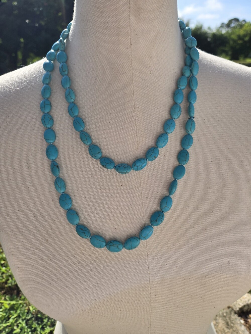 Bohemian Vintage Blue Turquoise Howlite Oval Beaded Endless  Necklace